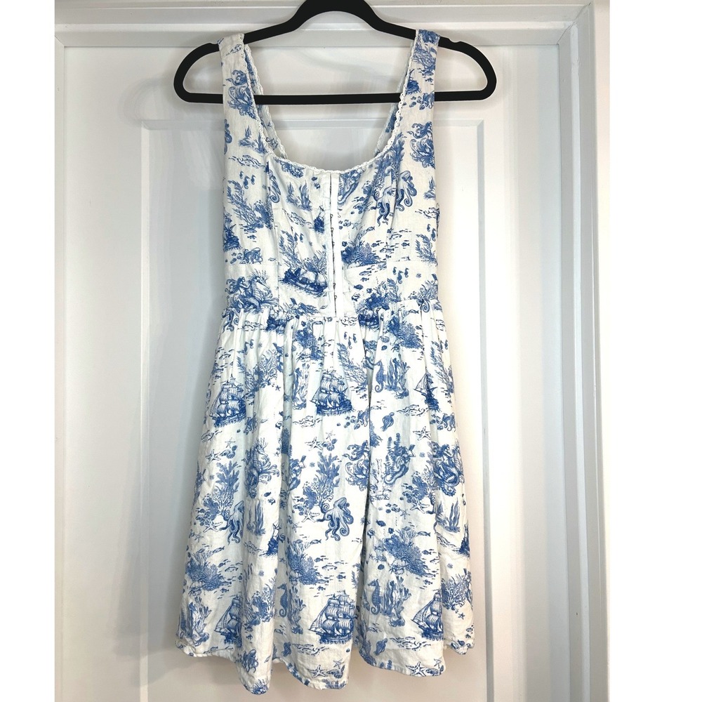 7 For All Mankind Blue White Nautical Toile Linen Mini Dress Medium Coastal